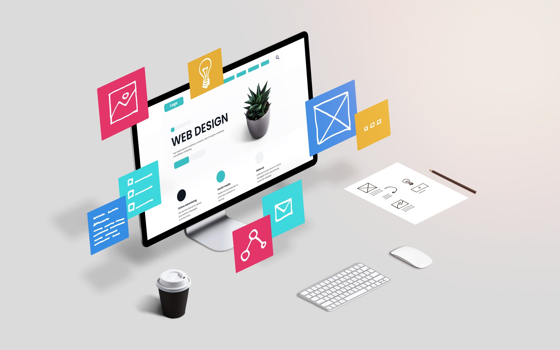 Creative web design studio with flying web page layout elements concept